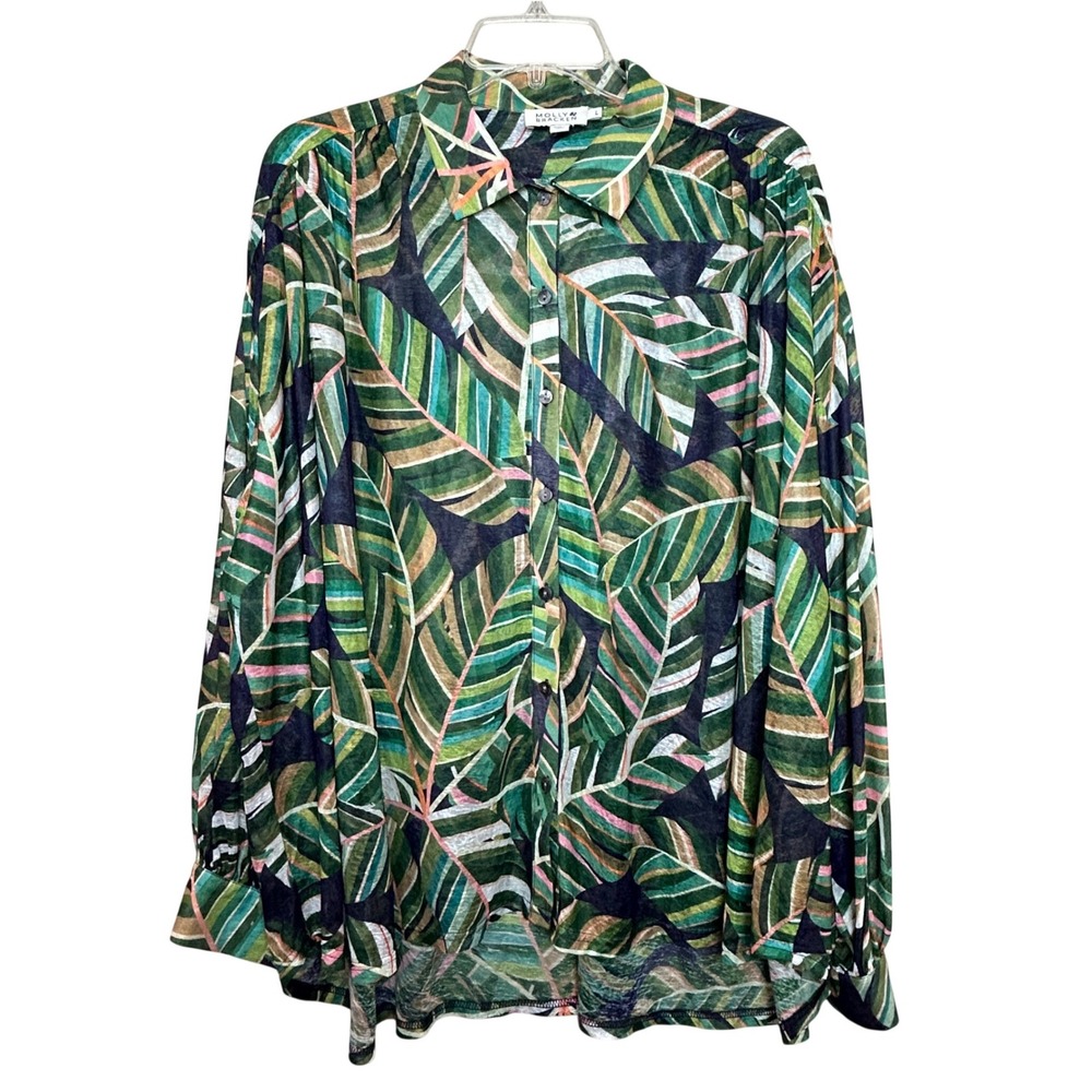 Molly Bracken Button Down Shirt Womens Large Green Tropical Palm Coastal Jungle